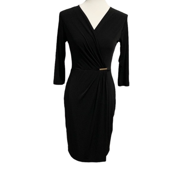 Calvin Klein Faux Wrap Dress Black With Gold Logo Buckle Size 6 - Picture 3 of 4